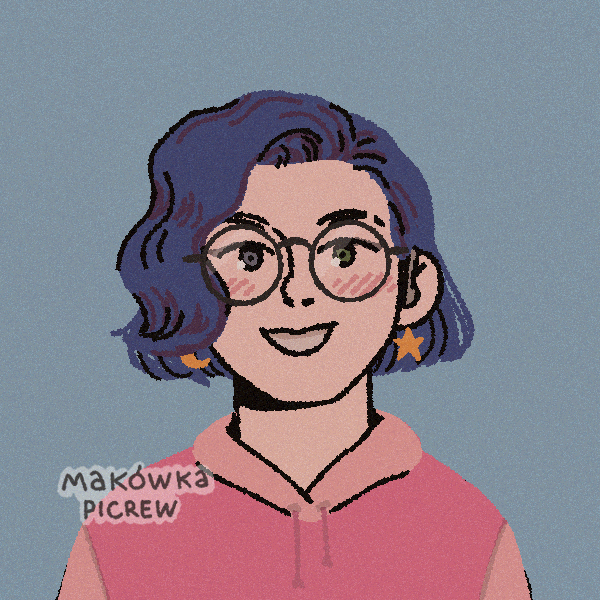 A picrew of a white person with blue medium-length hair